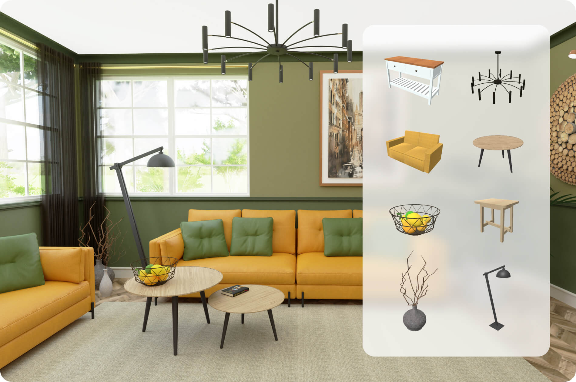 Modern living room and the furniture library of Live Home 3D for Android.