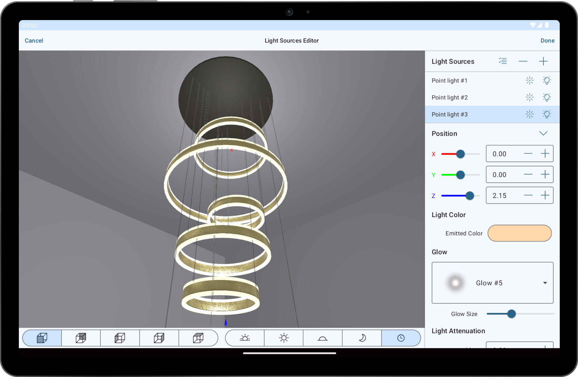 The Light Editor in Live Home 3D for Android.