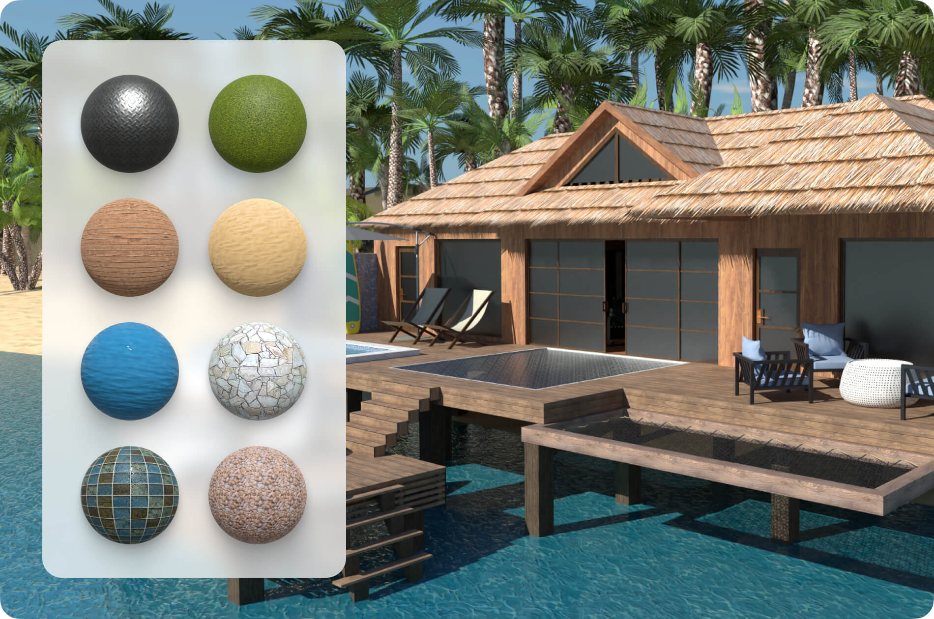 Seaside bungalow and the material library of Live Home 3D for Android.