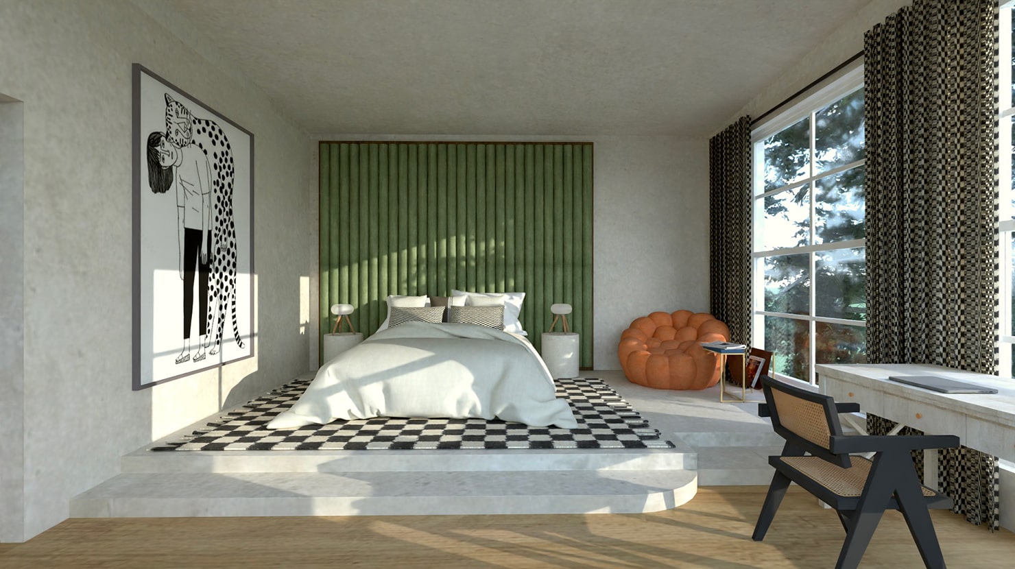 Modern bedroom designed with the ‘70 aesthetic in mind, including plenty of different textures and materials. Created and rendered in Live Home 3D.