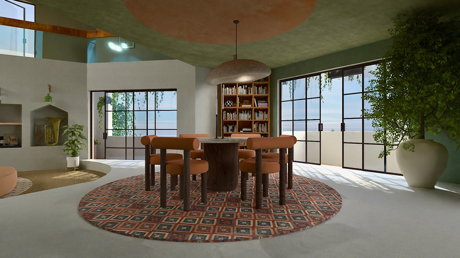 Modern dining room designed with different patterns and textures; created and rendered in Live Home 3D.