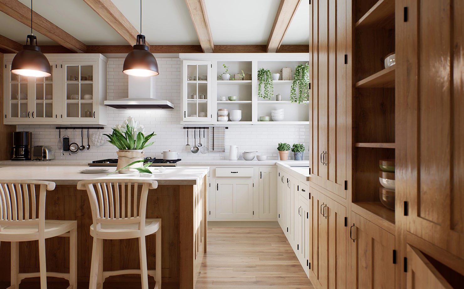 Modern kitchen designed in the style of cottage core and English county kitchens.