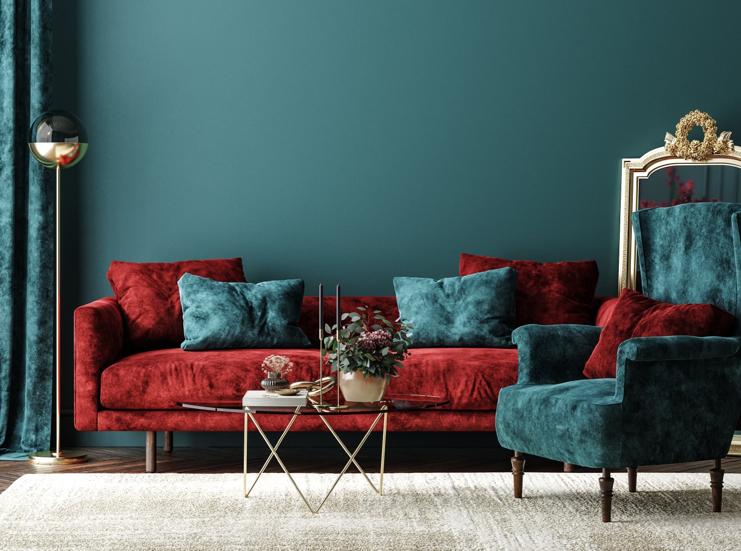 Art deco living room in blue-green and red tones, with walls painted in the color of teal ocean.