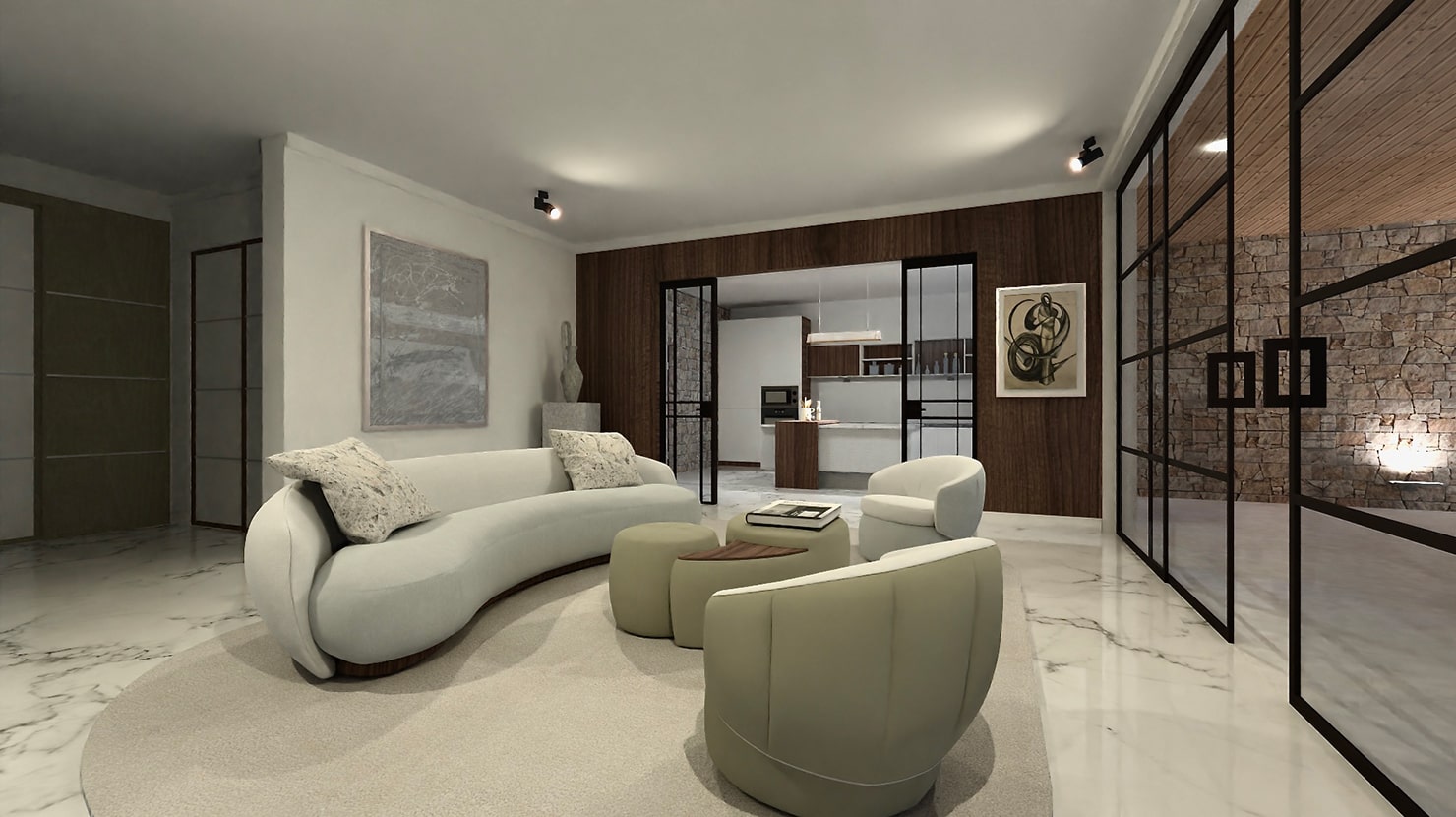 Modern living room designed in brown and beige shades with curved furniture; created and rendered in Live Home 3D.