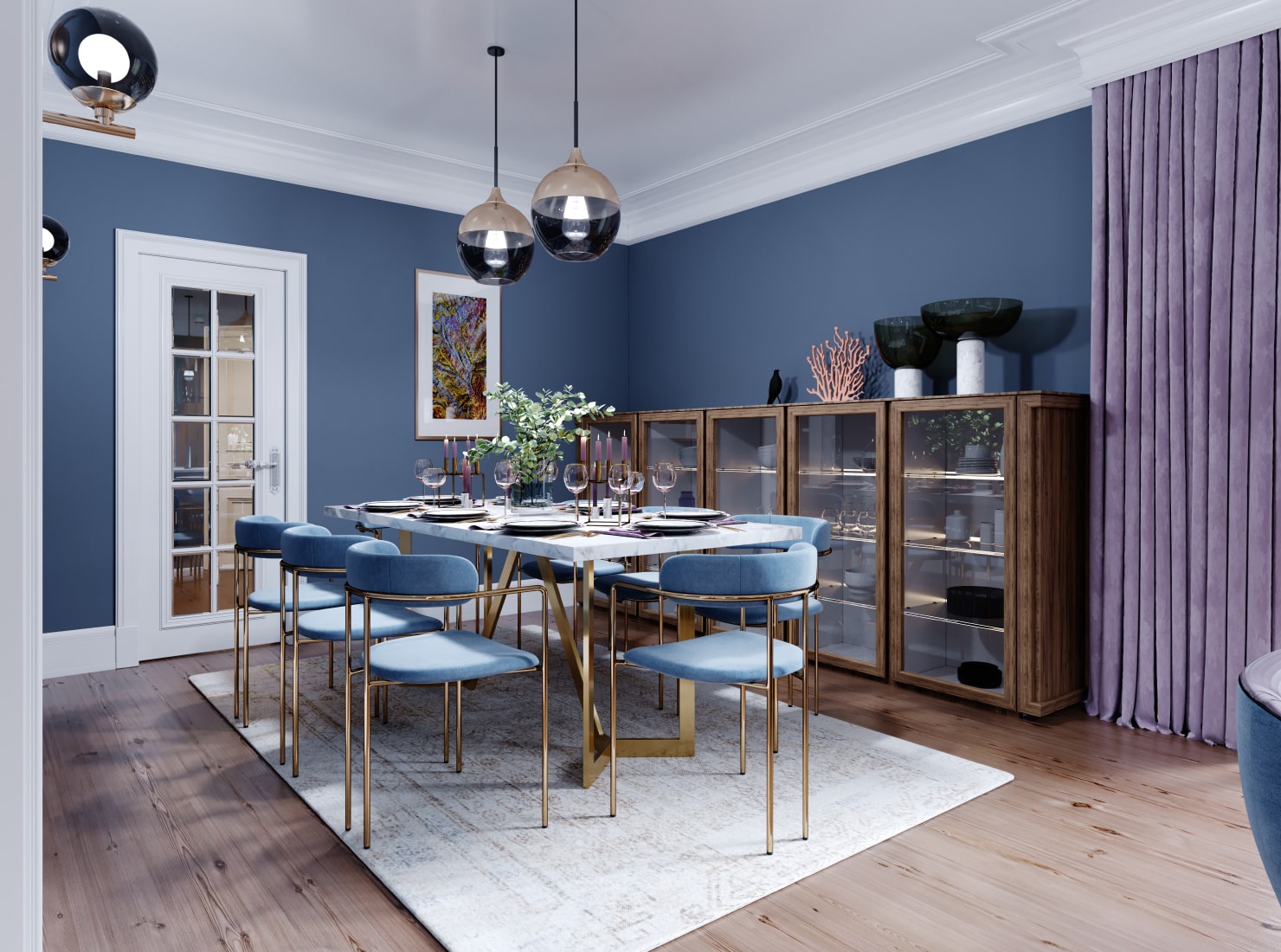 Stylish art deco dining room in blue and lavenders