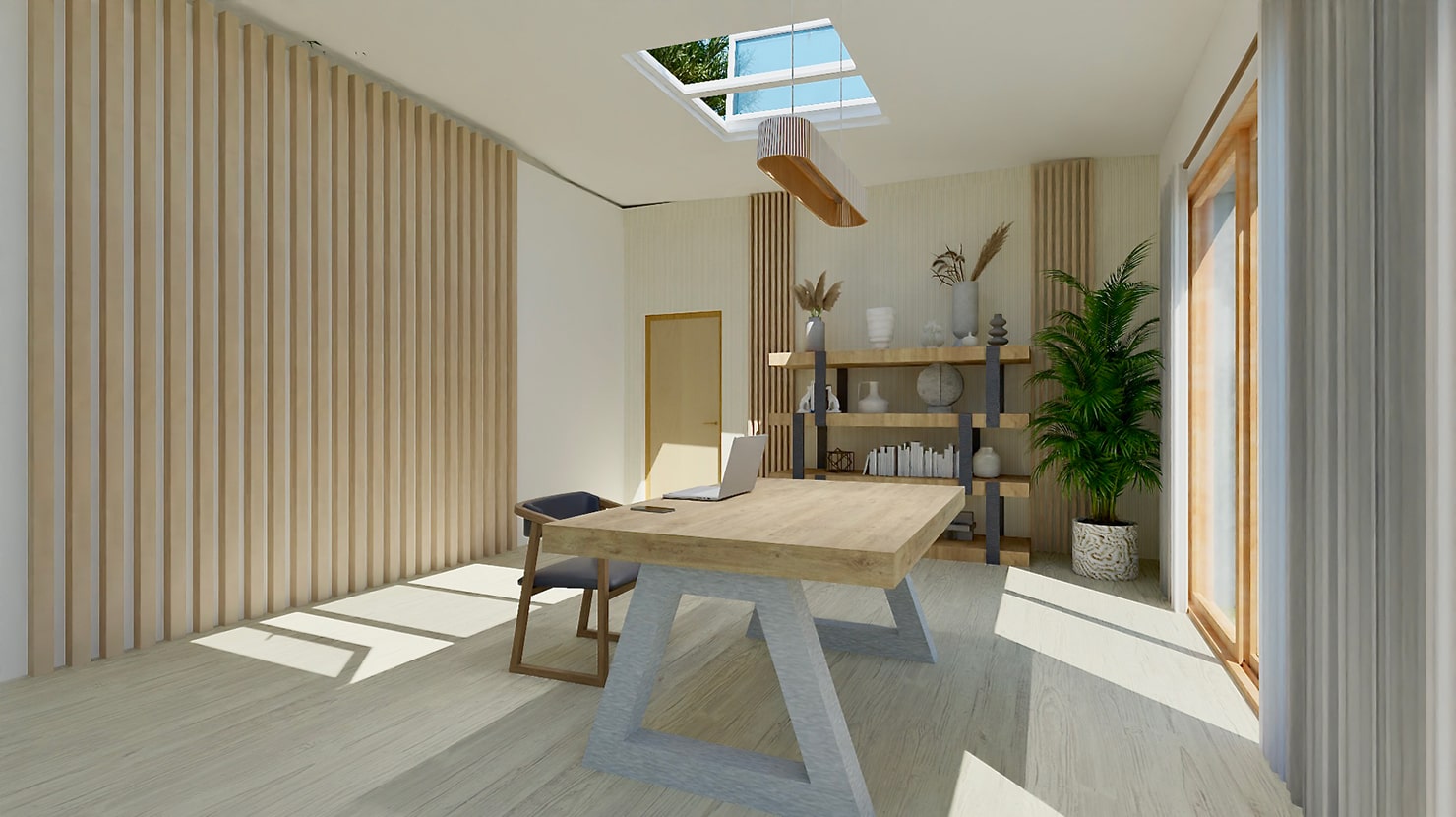 Modern home office designed natural materials; created and rendered in Live Home 3D.