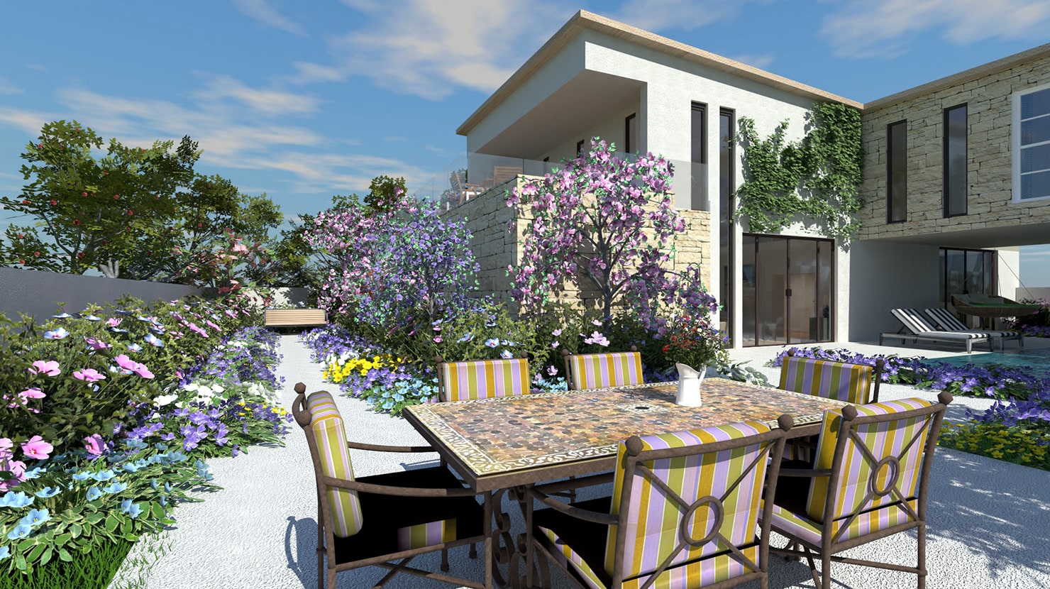 Modern house with an outdoor sitting area and a big garden; created and rendered in Live Home 3D.