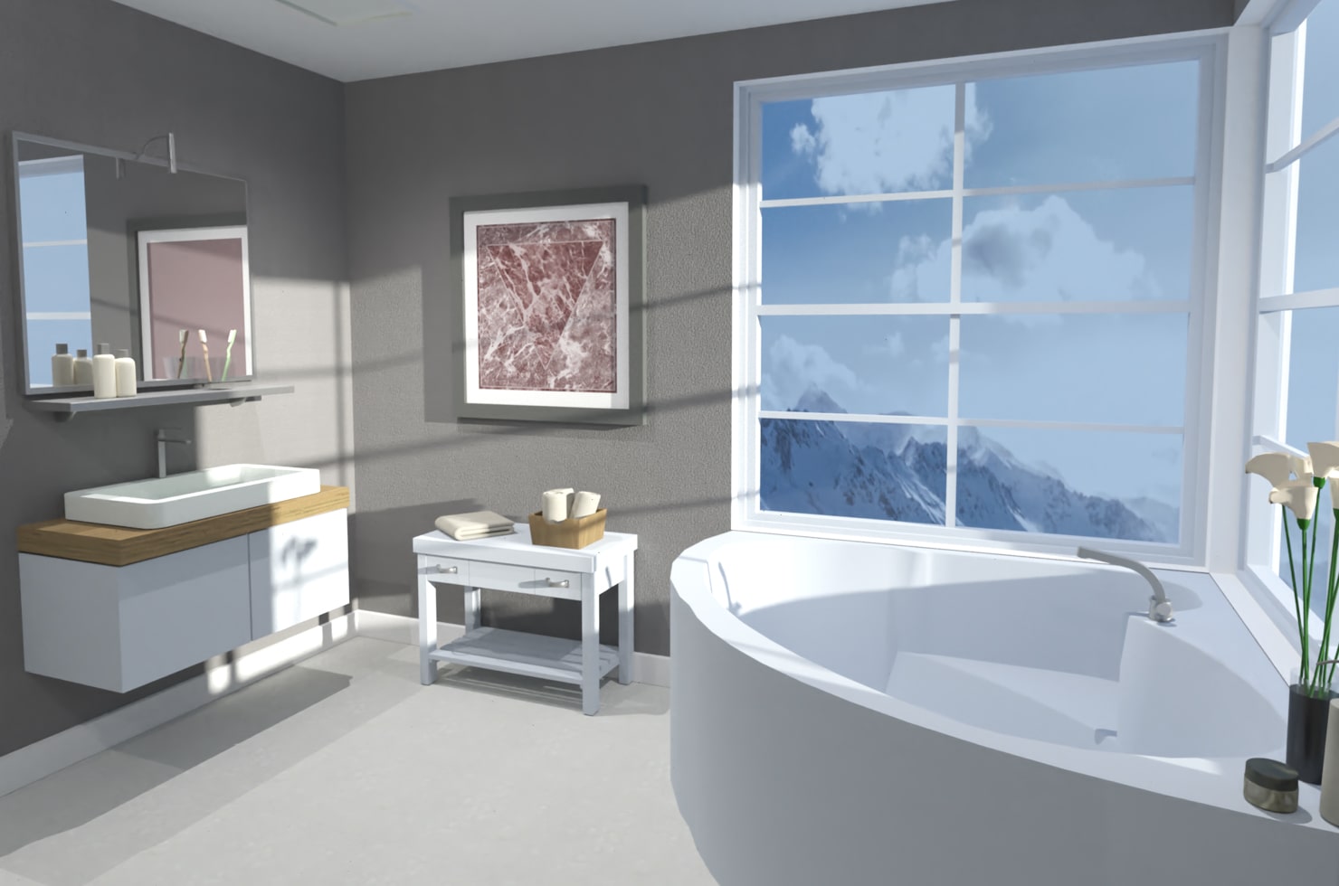 Bathroom Design Ideas — Live Home 3D - Light Bathroom With A Mountain View@2x