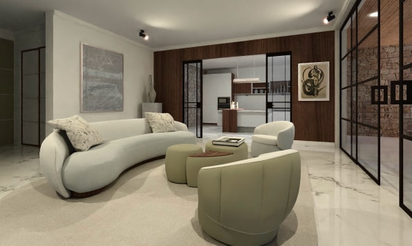 Modern living room designed in brown and beige shades with curved furniture; created and rendered in Live Home 3D.