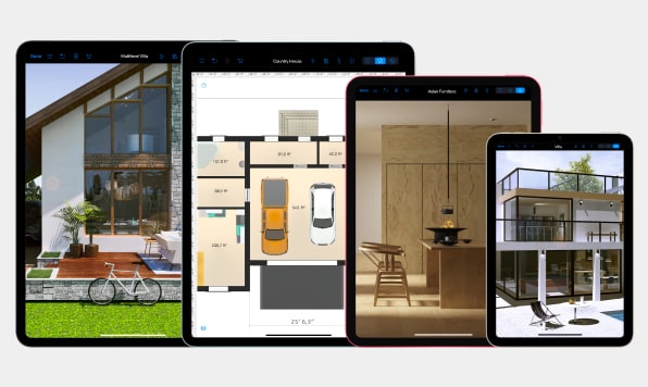 The best iPads for interior design: the 13-inch iPad Pro, the 13-inch iPad Air, iPad 10.9 and iPad Mini with Live Home 3D designs displayed on them.