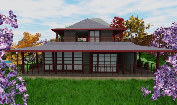 A traditional Japanese house with a garden rendered in Live Home 3D for Mac.