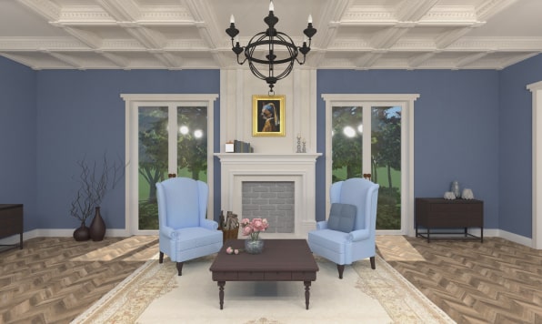 Spacious living room with coffered ceiling.