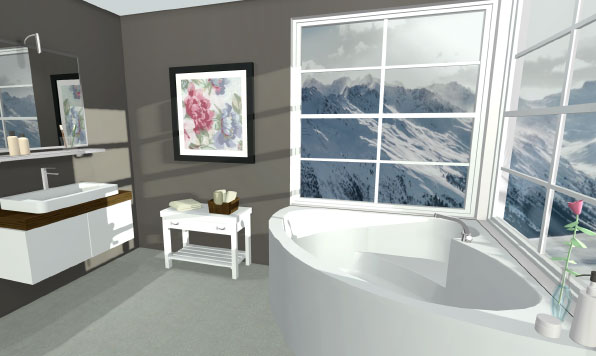 A bathroom with mountain view designed in Live Home 3D