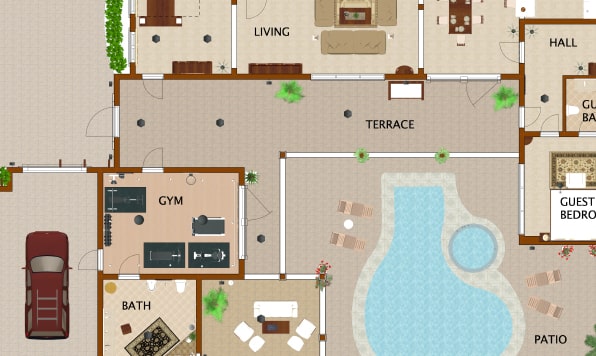 A floor plan of a house with a pool made in Live Home 3D