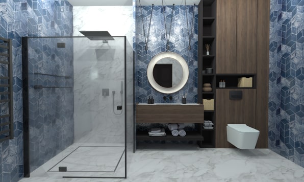 Blue tile bathroom designed and rendered in Live Home 3D for Mac.