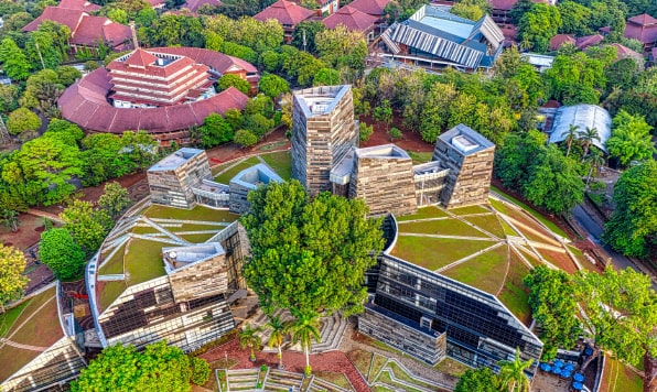 Contemporary building with a green roof.