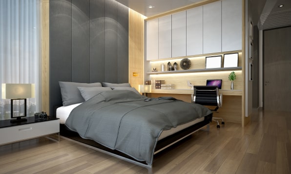 A contemporary bedroom in a studio apartment.