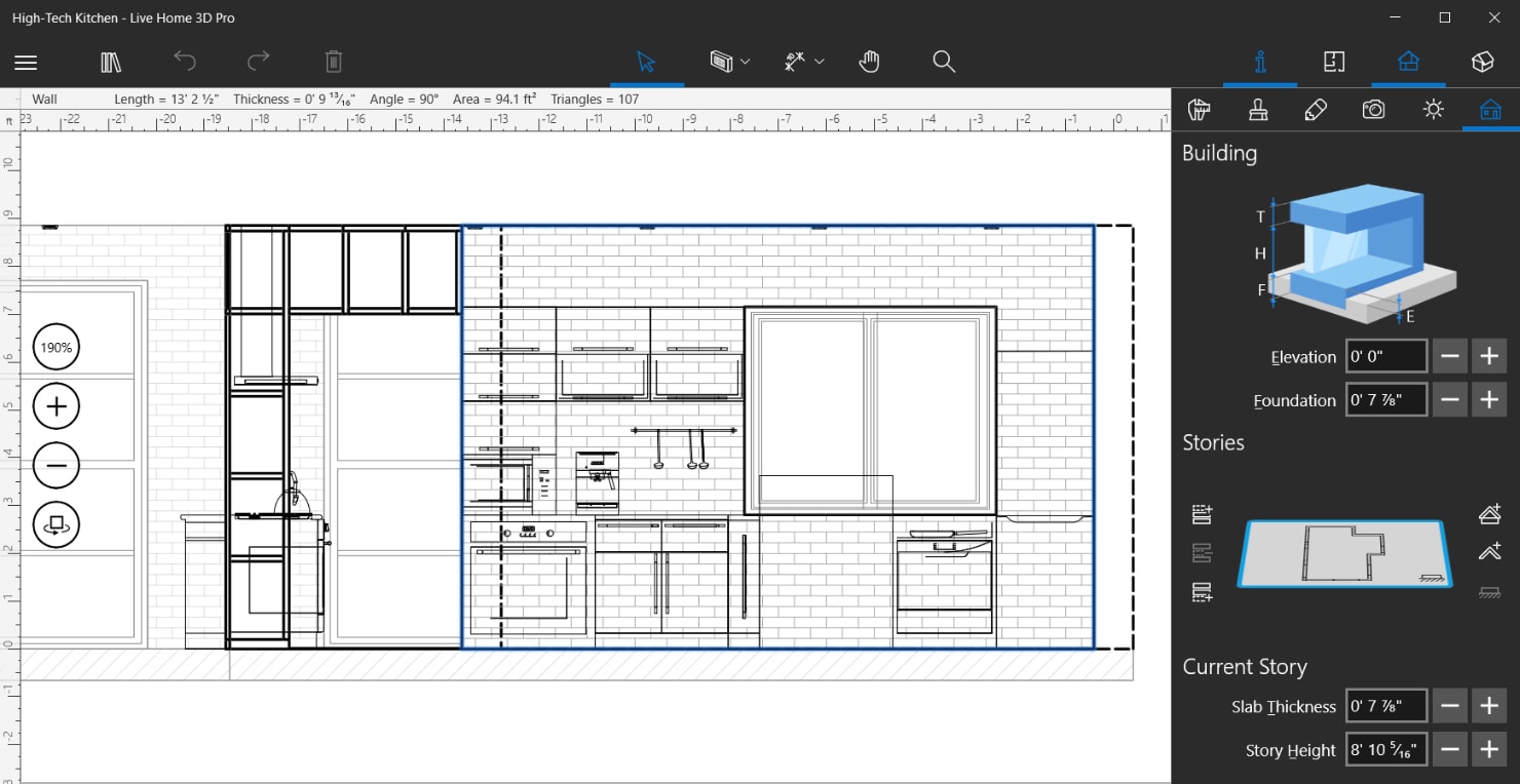 Elevation view of a kitchen in Live Home 3D Pro for Windows.