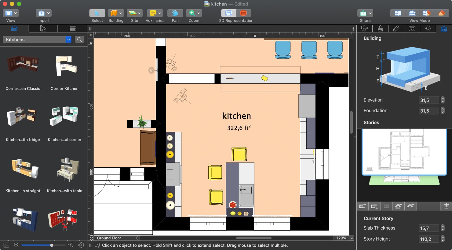 Kitchen floor plan in Live Home 3D for Mac.