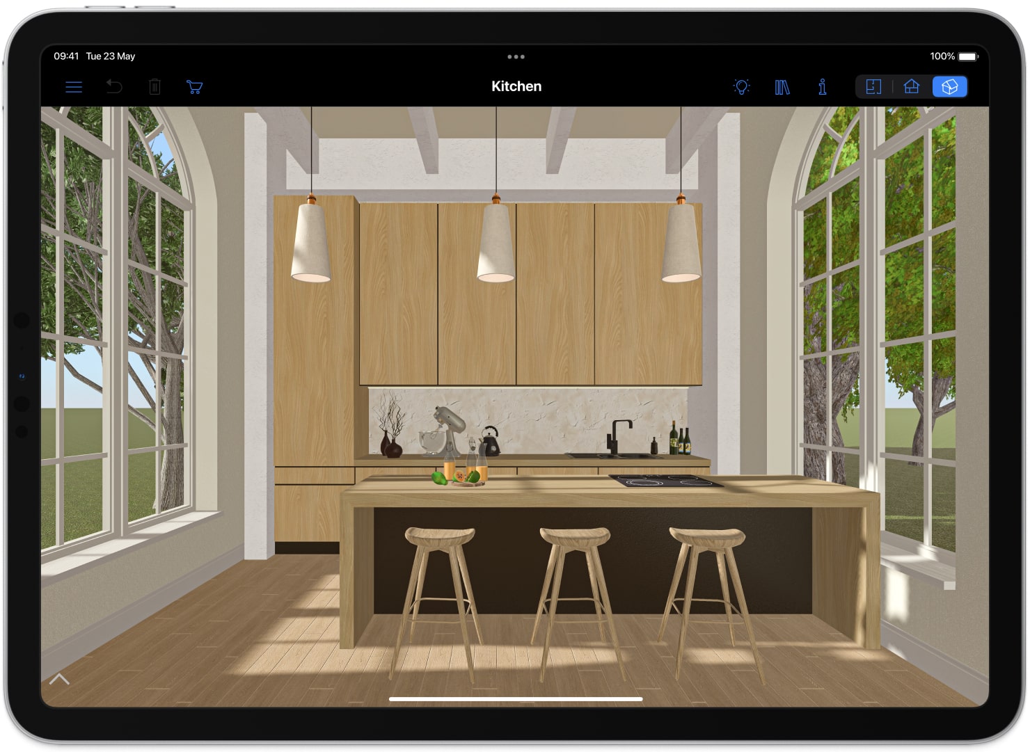 A wooden kitchen designed in Live Home 3D on iPad.