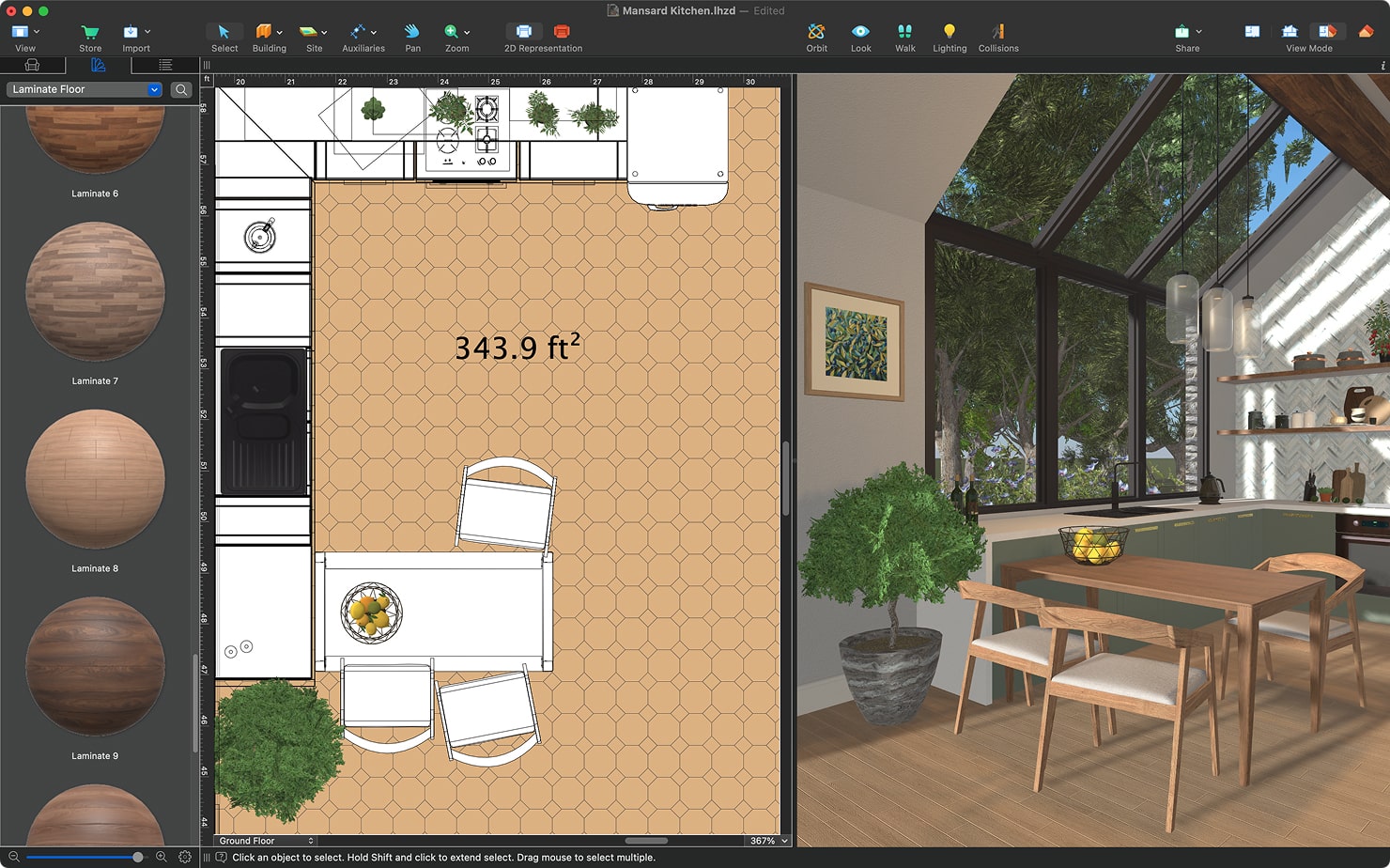 The Split view of a kitchen designed in Live Home 3D for Mac.