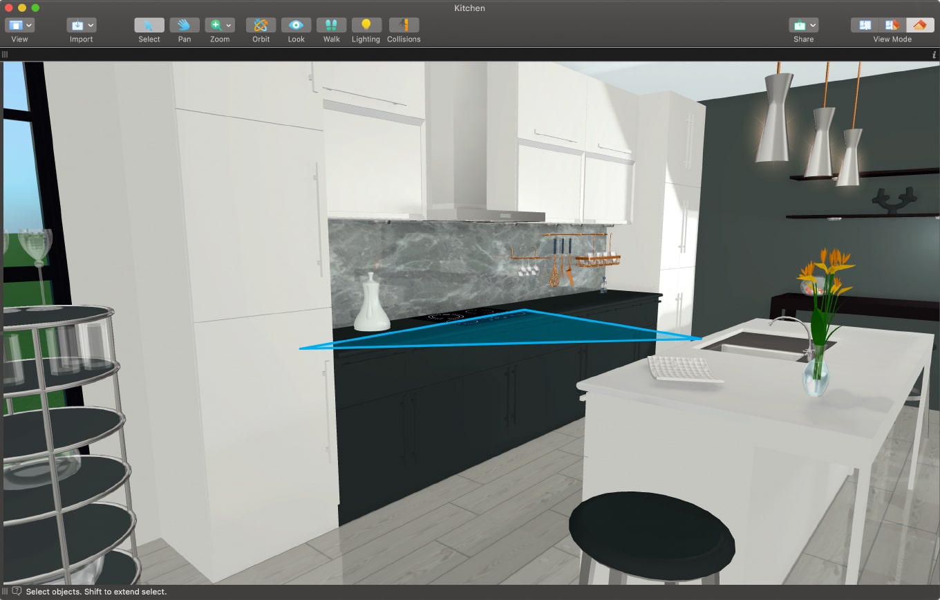 Work triangle shown in a kitchen opened in Live Home 3D for Mac.