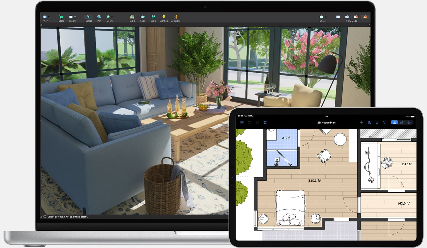 A modern living room opened in Live Home 3D on a MacBook laptop and a detailed 2D floor plan opened in Live Home 3D on iPad beside it. 