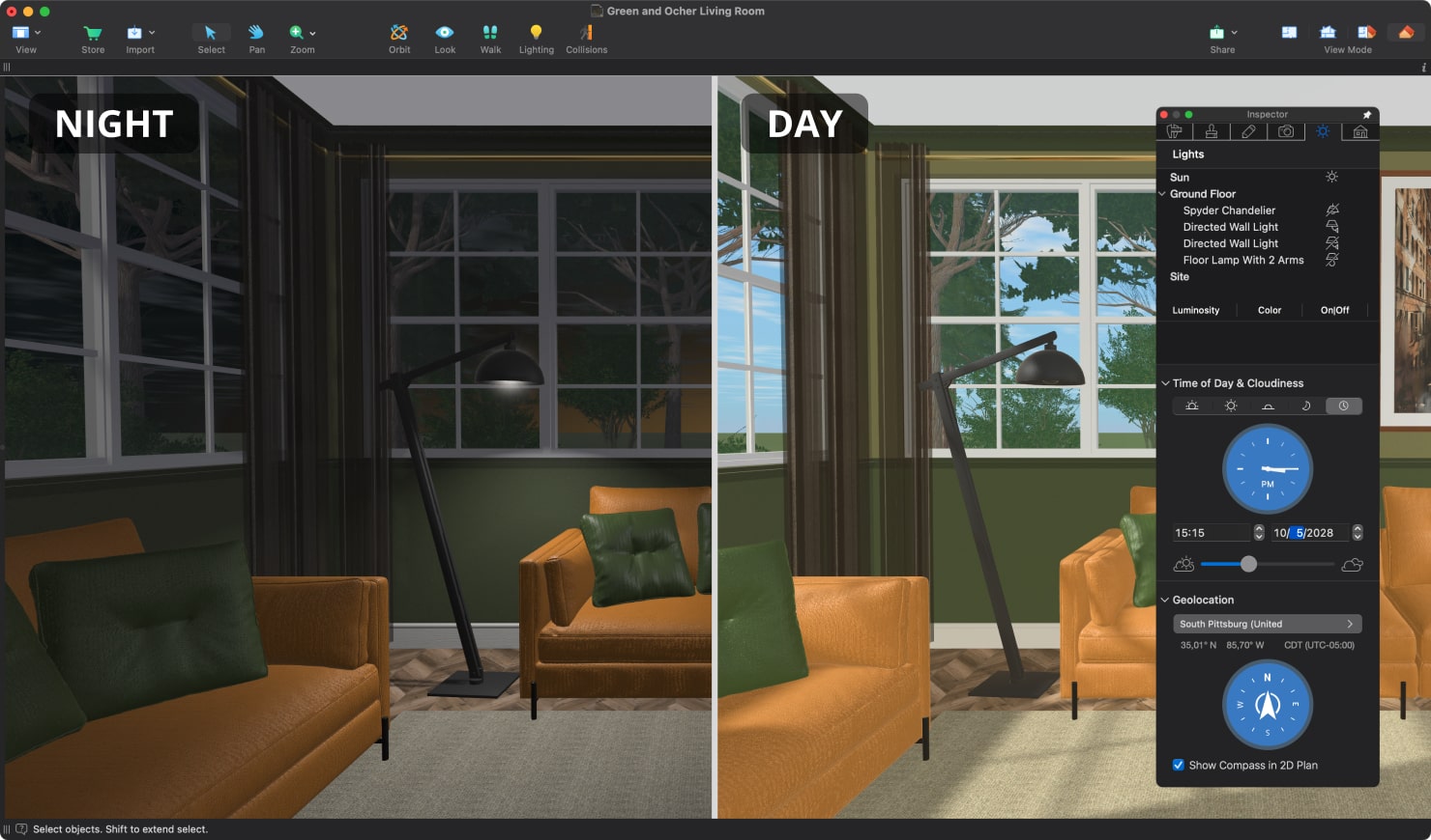 Live Home 3D with a green and ocher living room at day and night with the Lights tab opened in the Inspector.