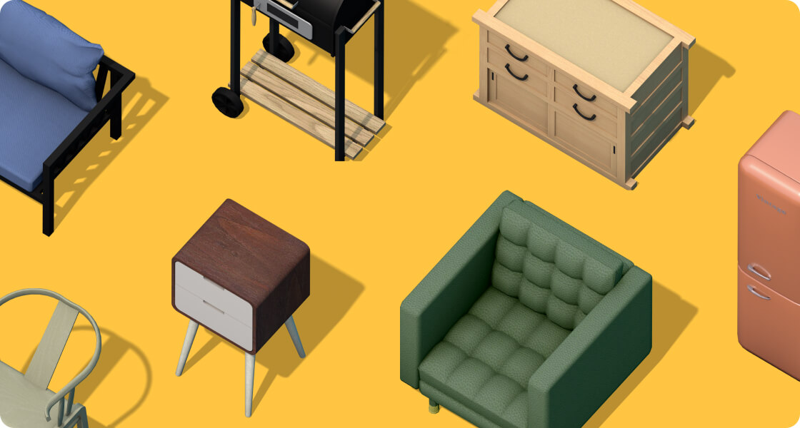 Furniture objects on a yellow background.