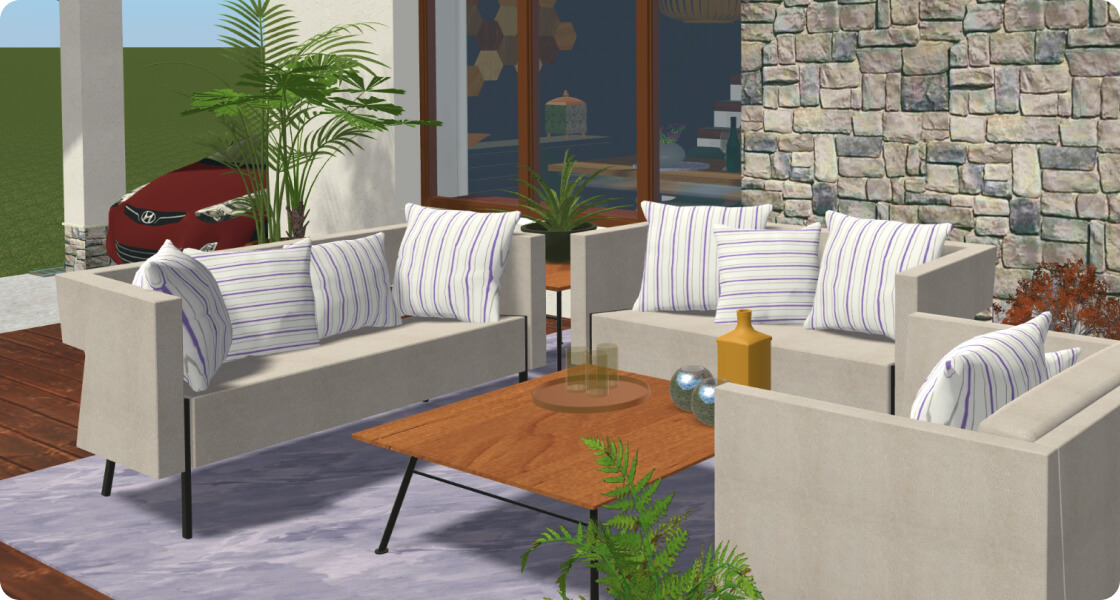 A Modern outdoor patio with beige sofas, striped cushions, wooden coffee table, and green plants, designed in the Live Home 3D home design app.