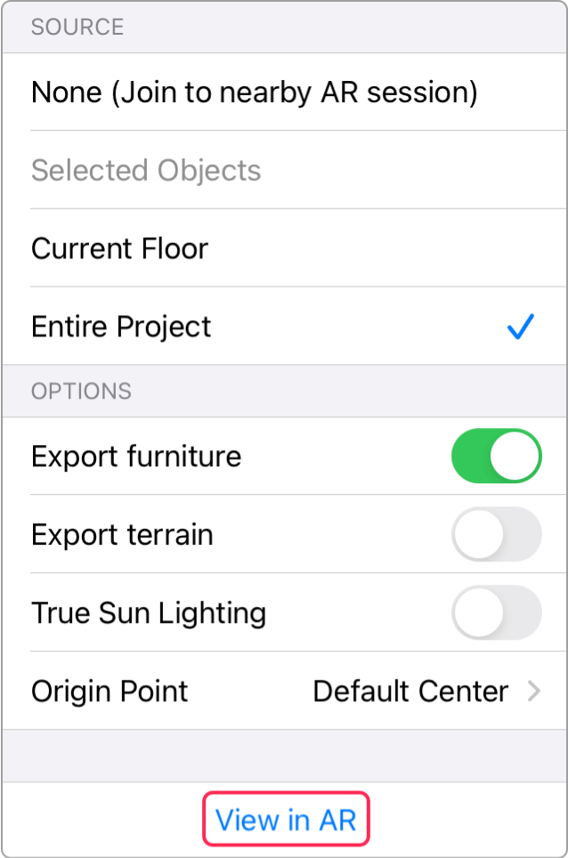 Panel with AR settings.