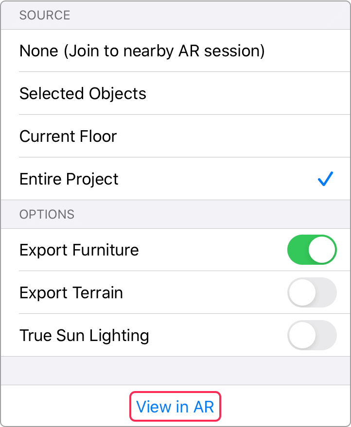 Panel with AR settings.