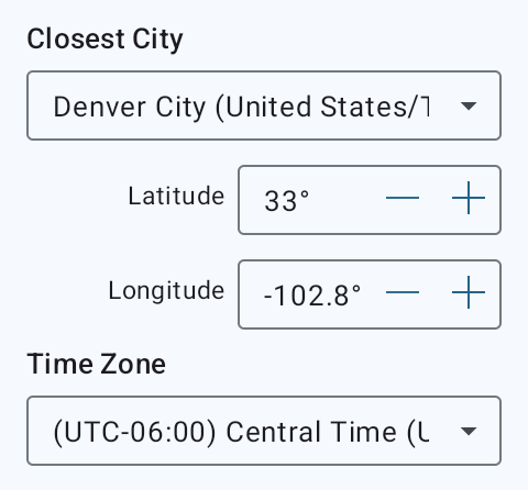 Geolocation screen to set up the location and time zone