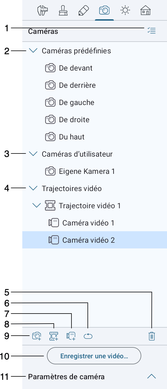 Onglet Propriétés des caméras dans l’inspecteur