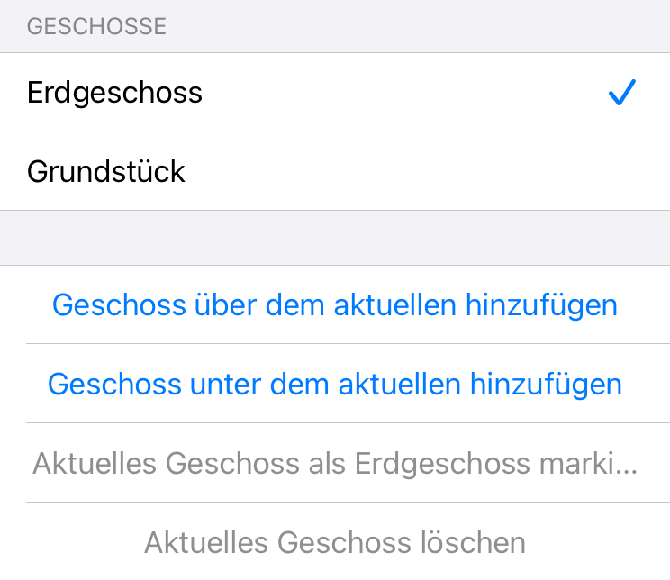 Popup-Menü mit Befehlen, die sich auf Geschosse beziehen.