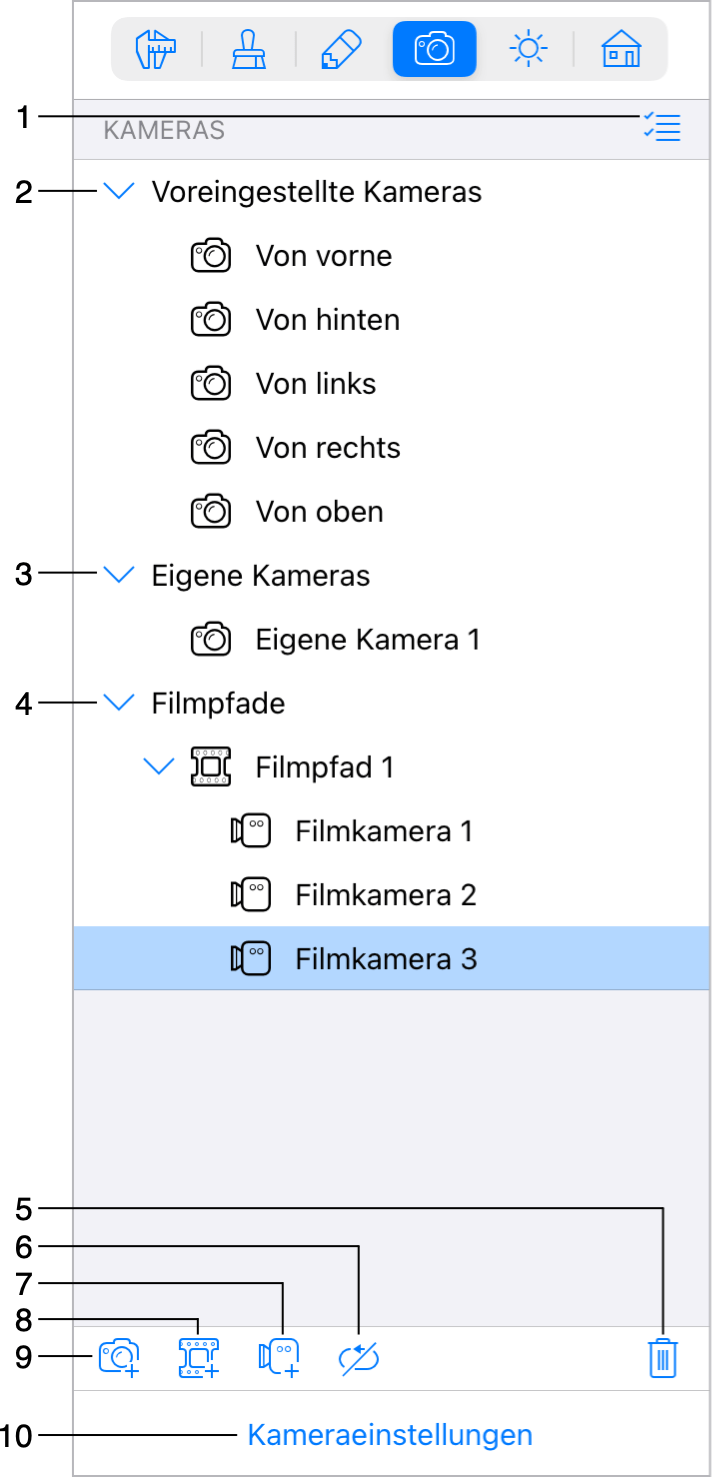 Registerkarte „Kameraeigenschaften“ im Informationsfenster