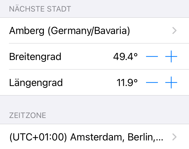 Bildschirm „Geo-Standort“ zum Einrichten des Standorts und der Zeitzone