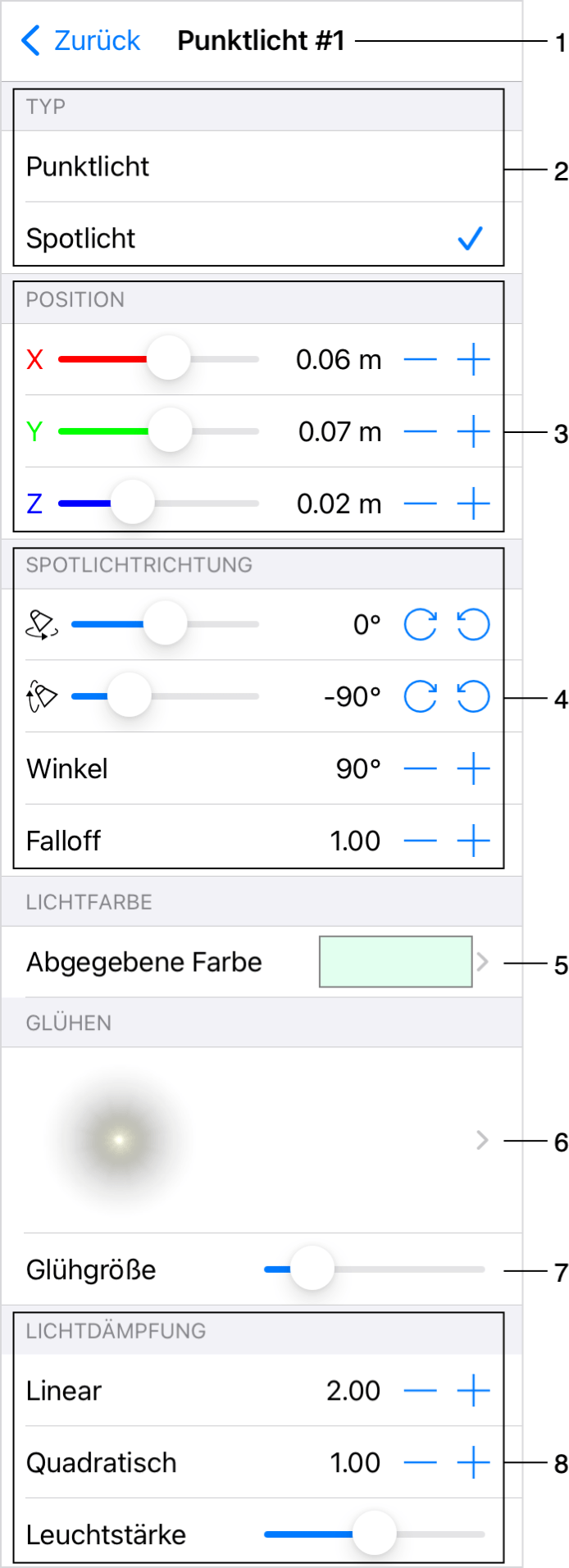 Bereich mit den Eigenschaften der Lichtquelle