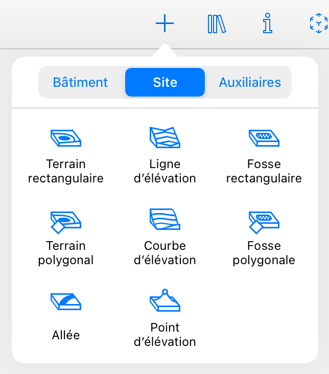 Menu contextuel avec les outils Site.