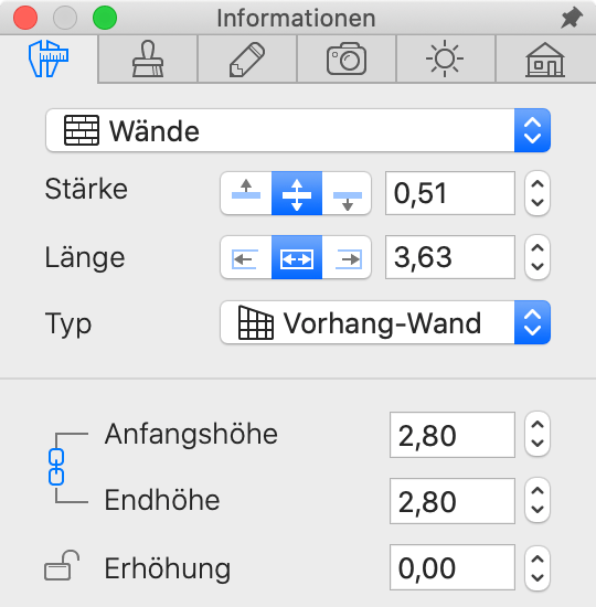 Eigenschaften einer Vorhangwand im Informationsfenster.