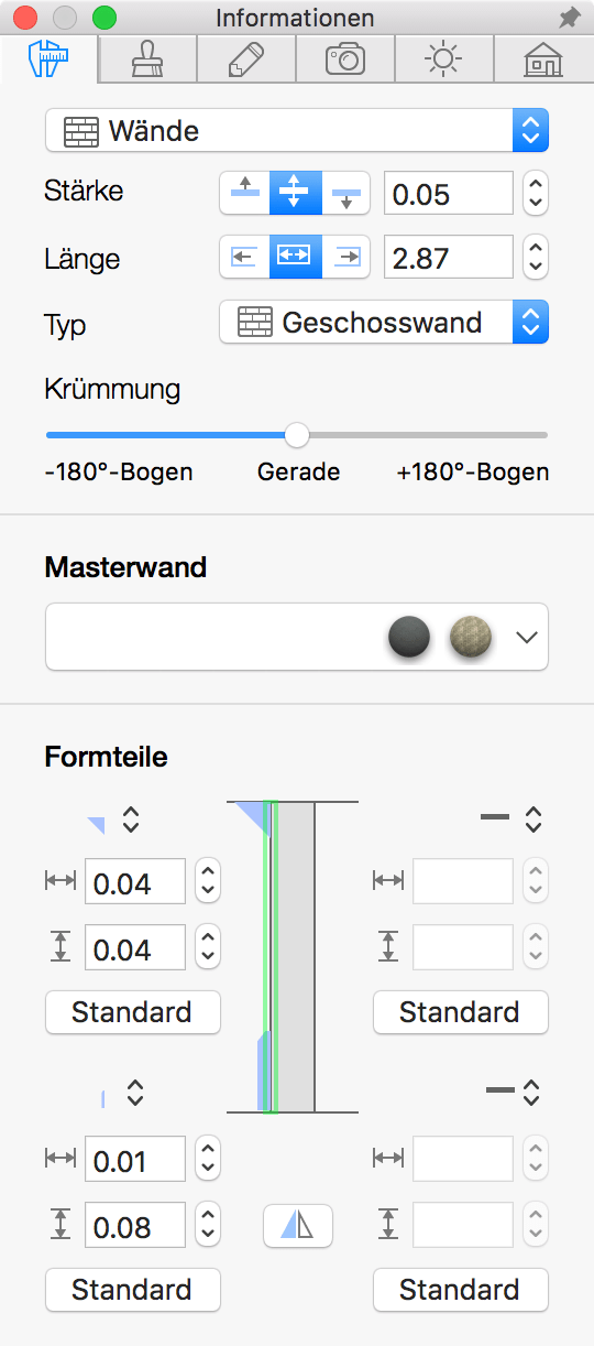 Wandparameter im Informationsfenster