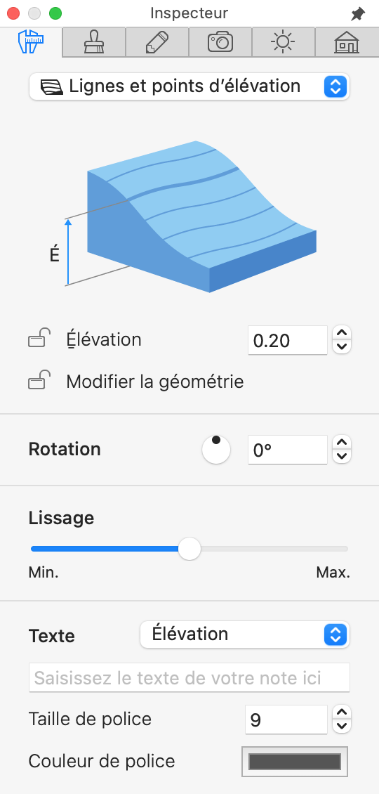 Propriétés de l’objet Ligne d’élévation dans l’inspecteur