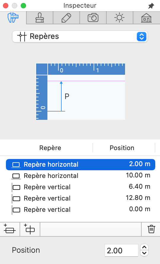 Liste des lignes de repère dans l’inspecteur