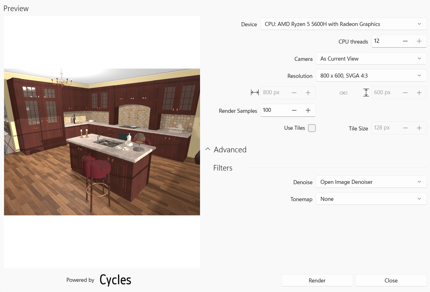 Settings of the Cycles renderer